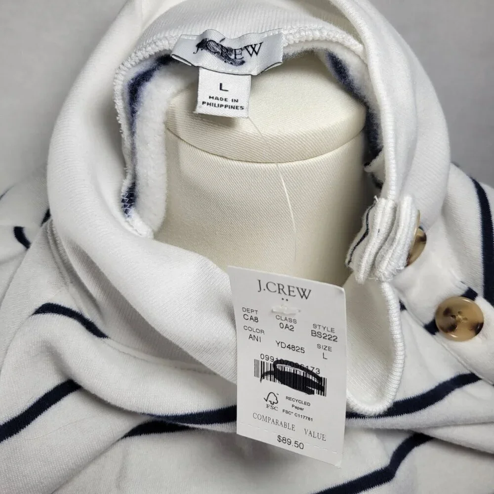 J.Crew Women White Navy Stripe Button Neck Long Sleeve Cotton Blend Tunic Size L